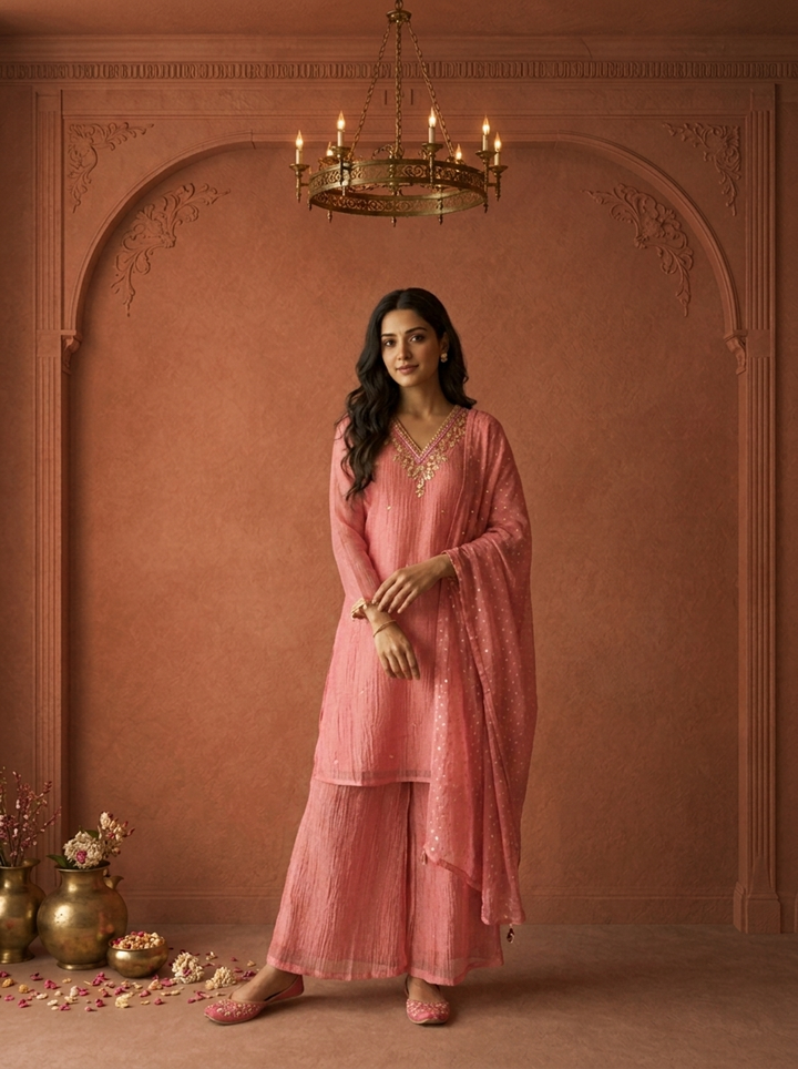 Rose Pink Tissue Sequin Butti Embroidered Three Piece Set