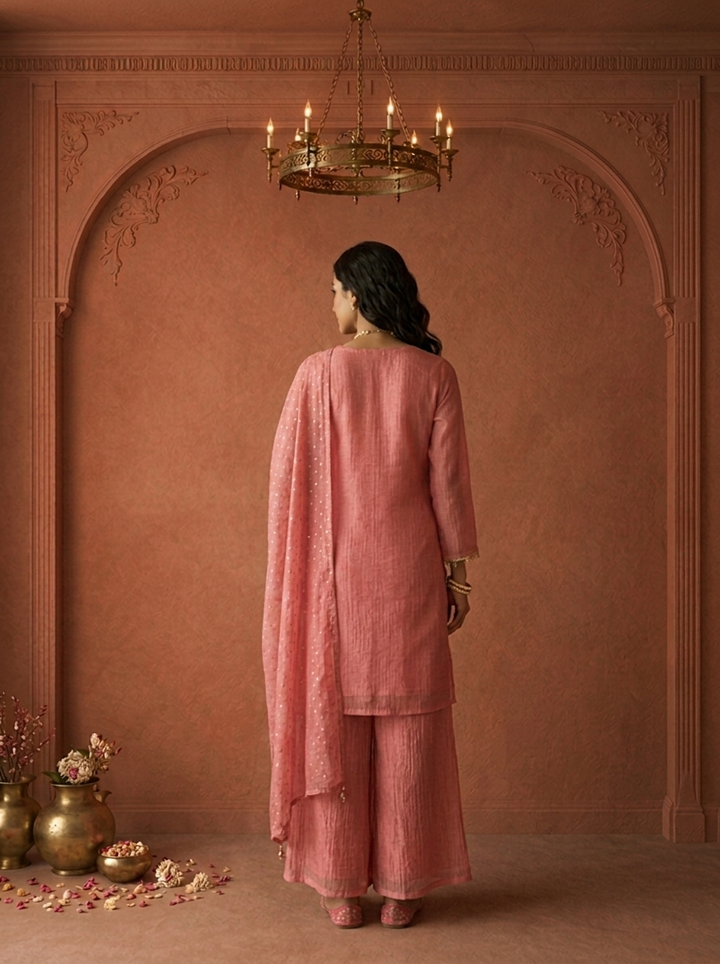 Rose Pink Tissue Sequin Butti Embroidered Three Piece Set