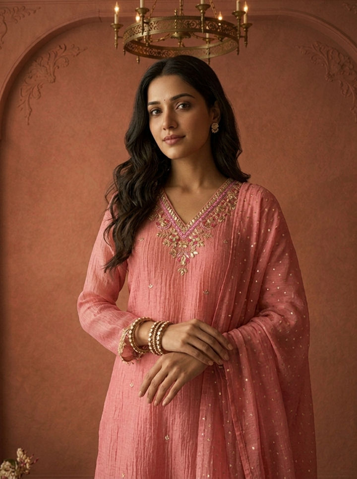 Rose Pink Tissue Sequin Butti Embroidered Three Piece Set