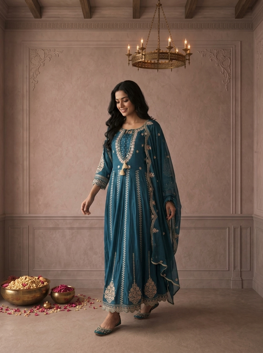 Teal Blue Chinon Floral Zari Embroidered Three Piece Set