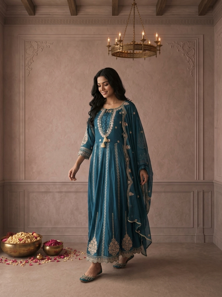 Teal Blue Chinon Floral Zari Embroidered Three Piece Set