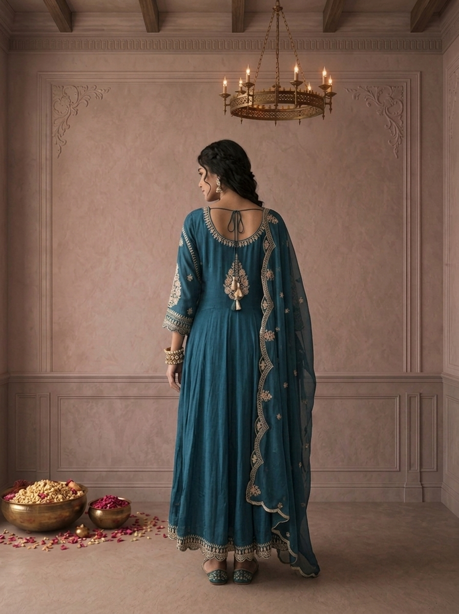 Teal Blue Chinon Floral Zari Embroidered Three Piece Set