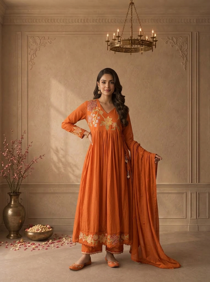 Burnt Orange Cotton Multicolor Floral Applique Thread Embroidered Three Piece Set