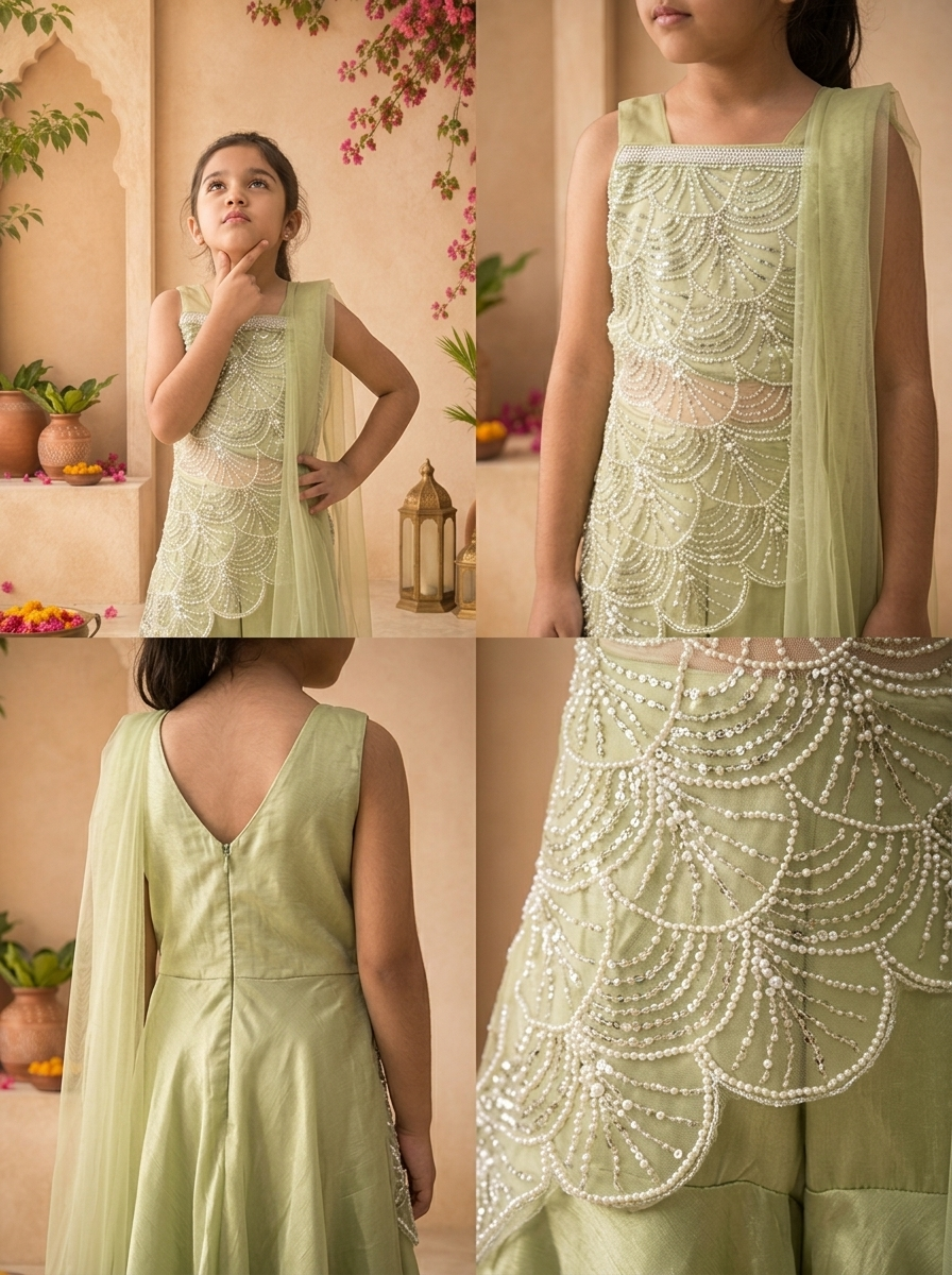 Pista Tissue Pearl And Sequin Embroidered Palazzo Set