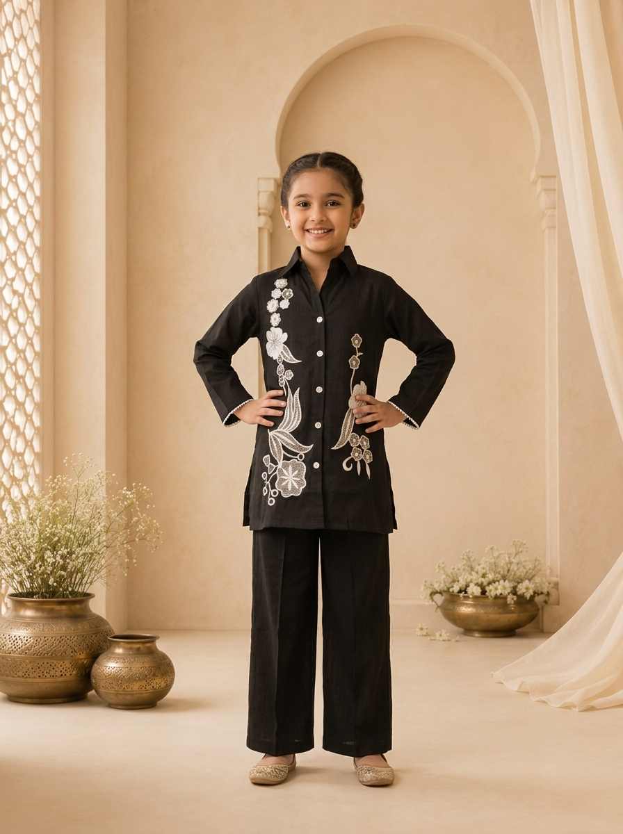 Black Linen Floral Thread Embroidered Straight Pant Set