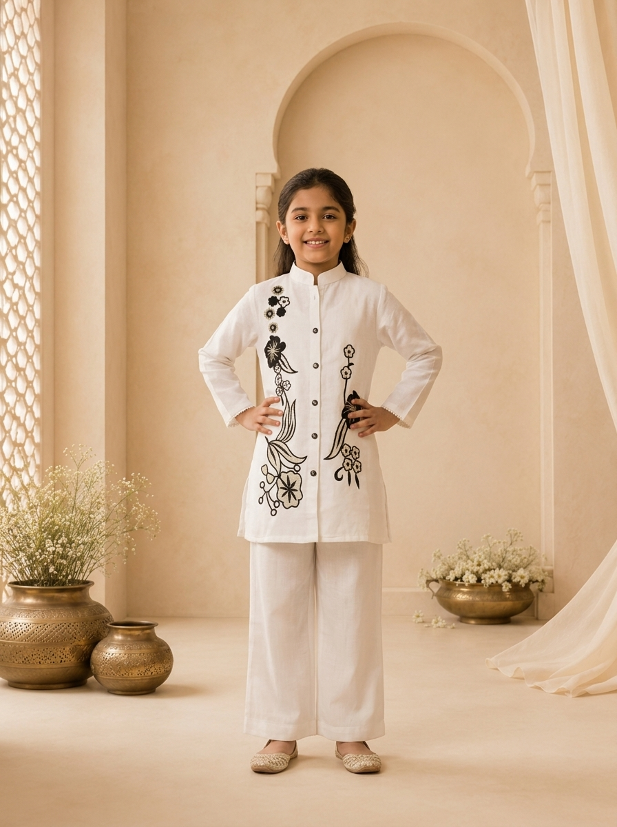 Cream Linen Floral Thread Embroidered Straight Pant Set