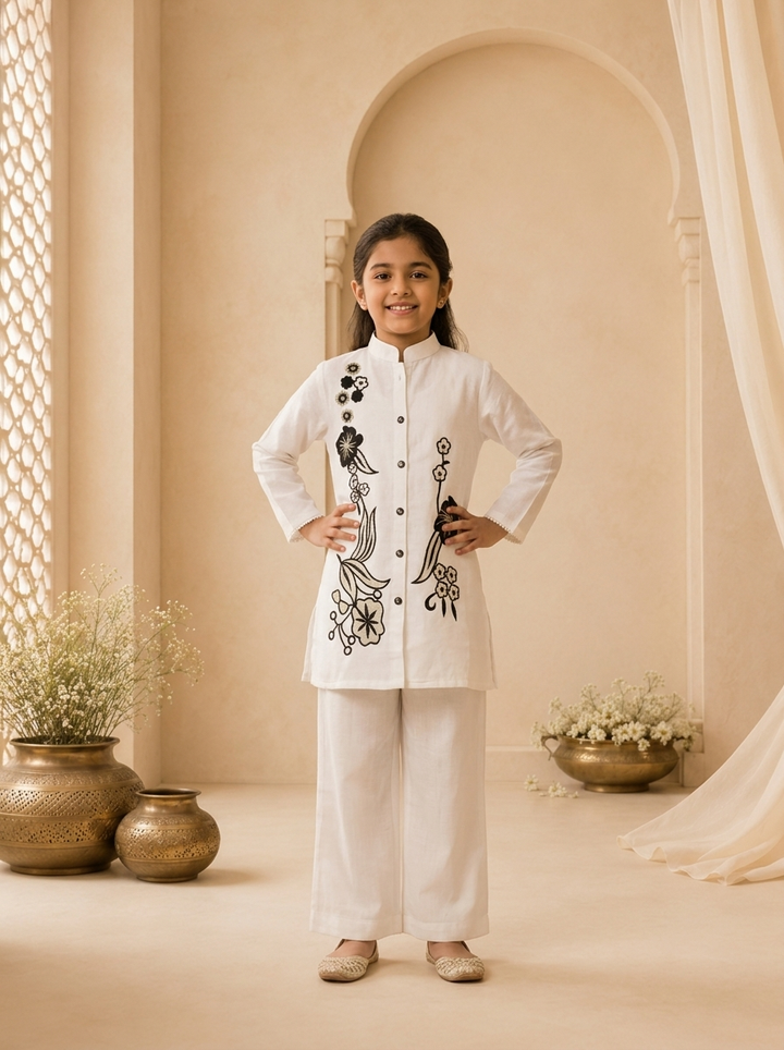 Cream Linen Floral Thread Embroidered Straight Pant Set
