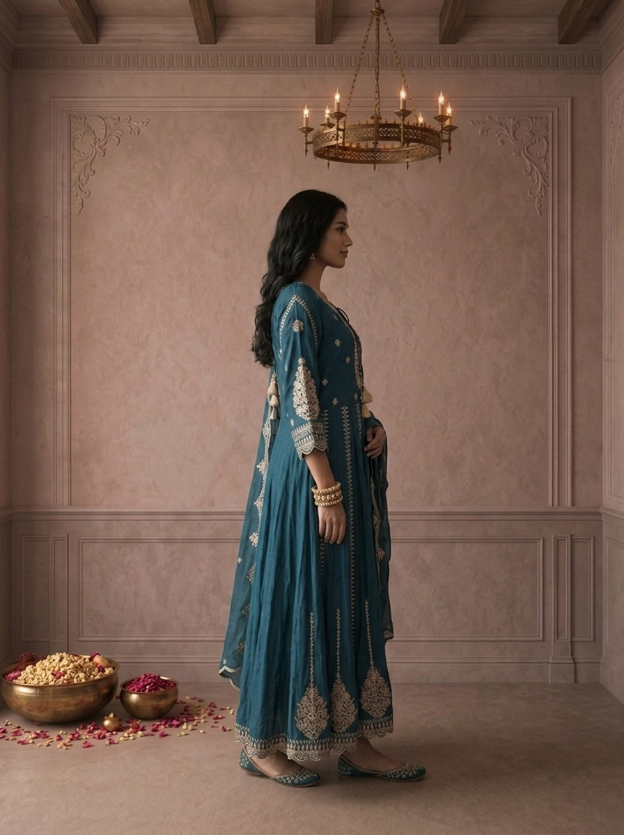 Teal Blue Chinon Floral Zari Embroidered Three Piece Set
