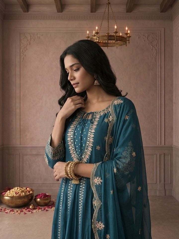 Teal Blue Chinon Floral Zari Embroidered Three Piece Set