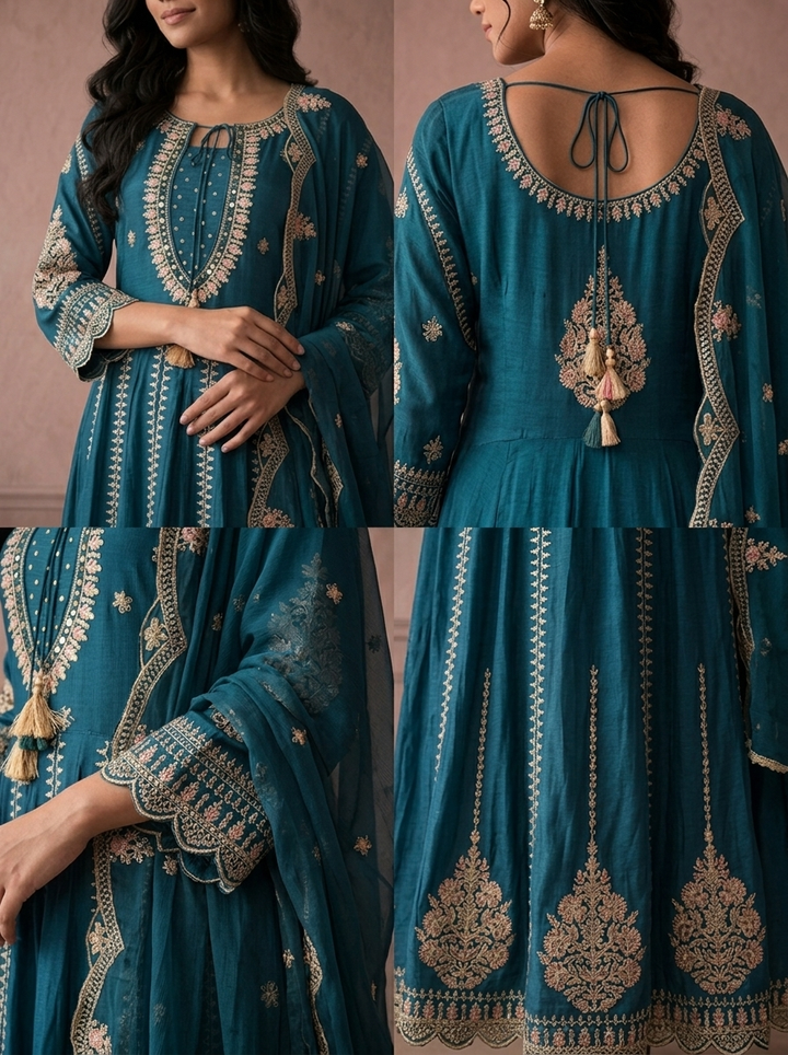 Teal Blue Chinon Floral Zari Embroidered Three Piece Set