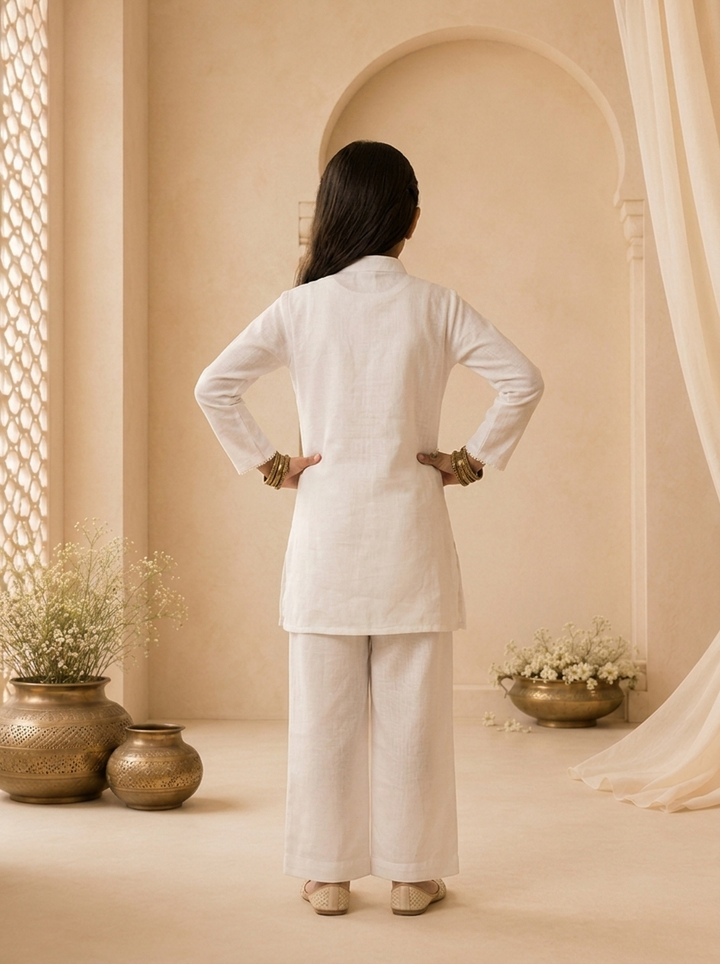Cream Linen Floral Thread Embroidered Straight Pant Set