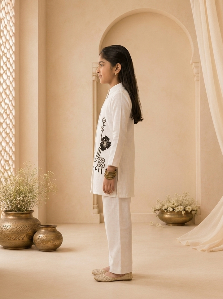 Cream Linen Floral Thread Embroidered Straight Pant Set