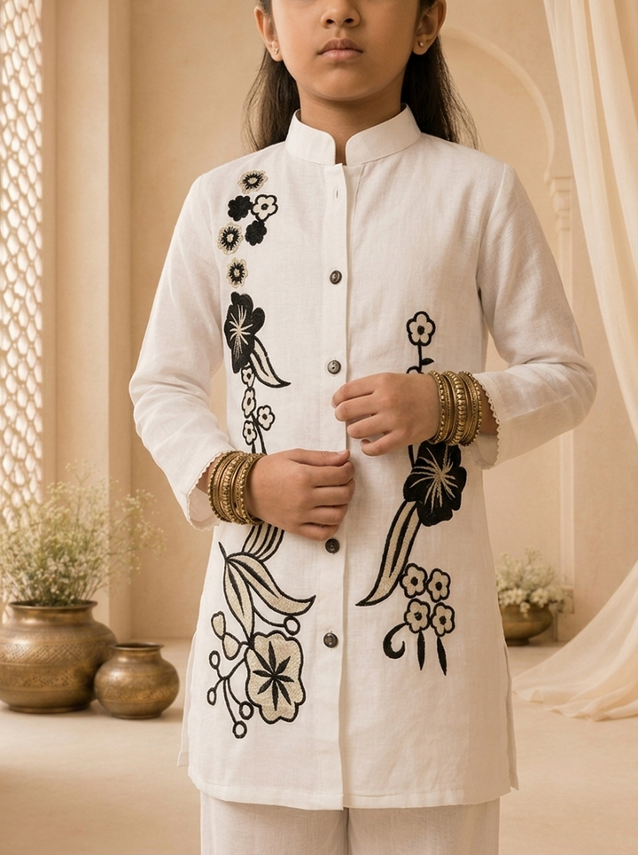 Cream Linen Floral Thread Embroidered Straight Pant Set