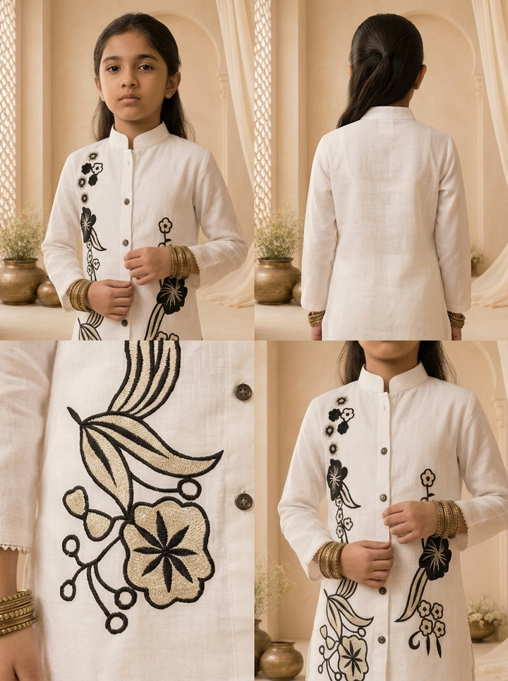 Cream Linen Floral Thread Embroidered Straight Pant Set
