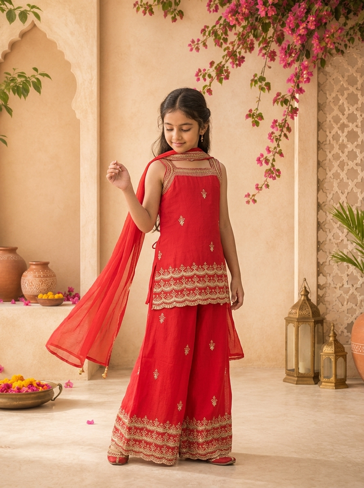 Red Georgette Zari Embroidered Palazzo Set