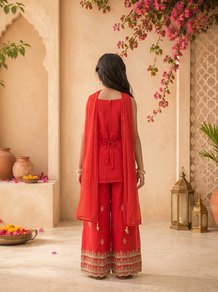 Red Georgette Zari Embroidered Palazzo Set