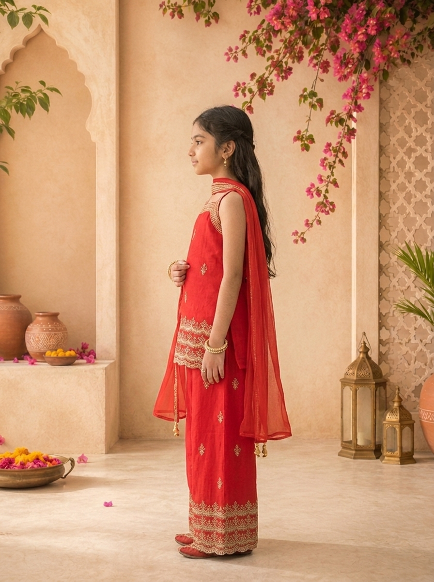 Red Georgette Zari Embroidered Palazzo Set