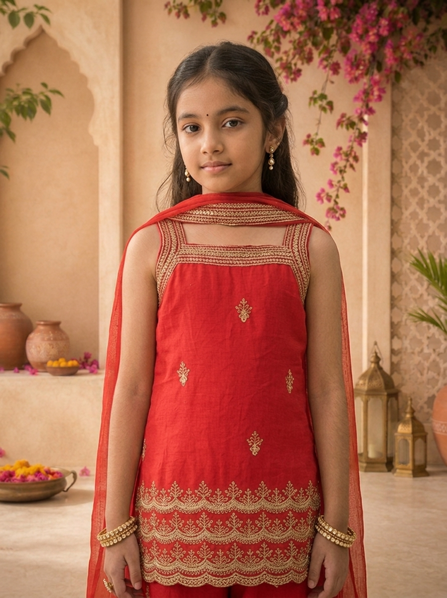 Red Georgette Zari Embroidered Palazzo Set