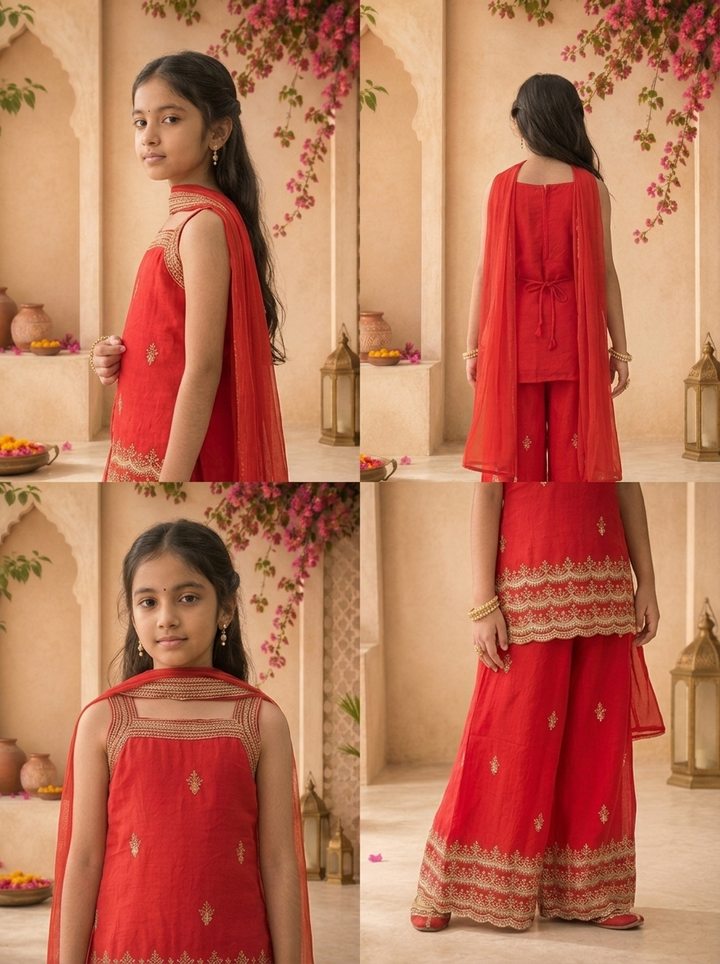 Red Georgette Zari Embroidered Palazzo Set