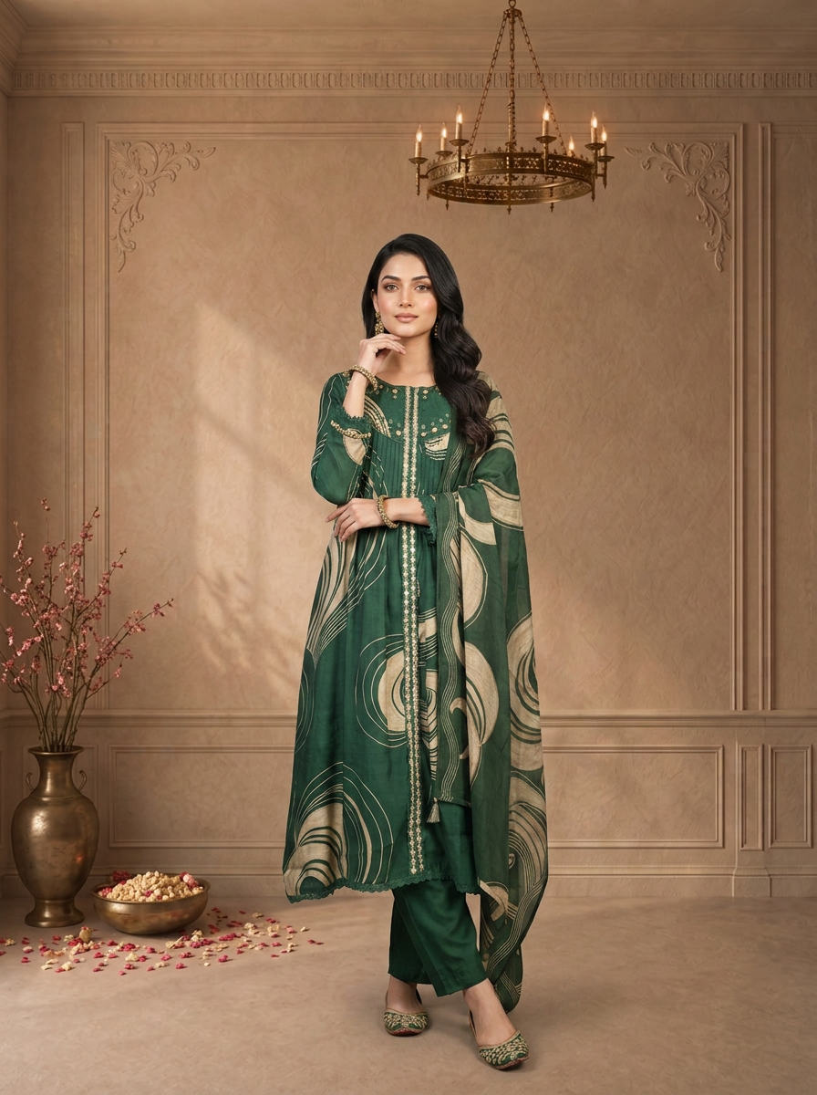 Bottle Green Chanderi Abstract Swirl Printed Three Piece Set