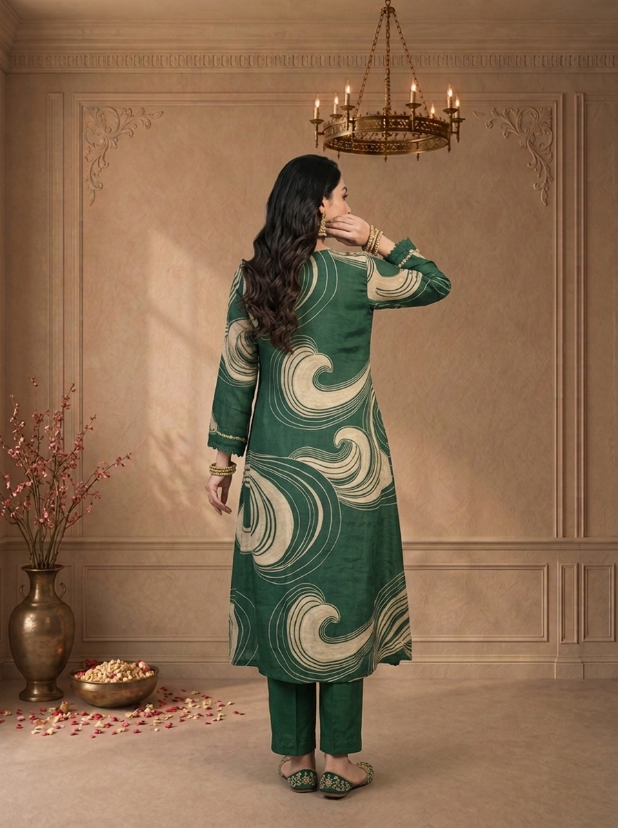 Bottle Green Chanderi Abstract Swirl Printed Three Piece Set