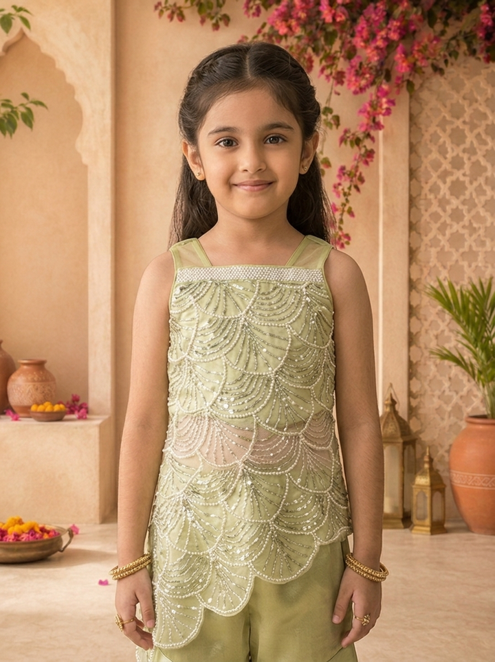 Pista Tissue Pearl And Sequin Embroidered Palazzo Set