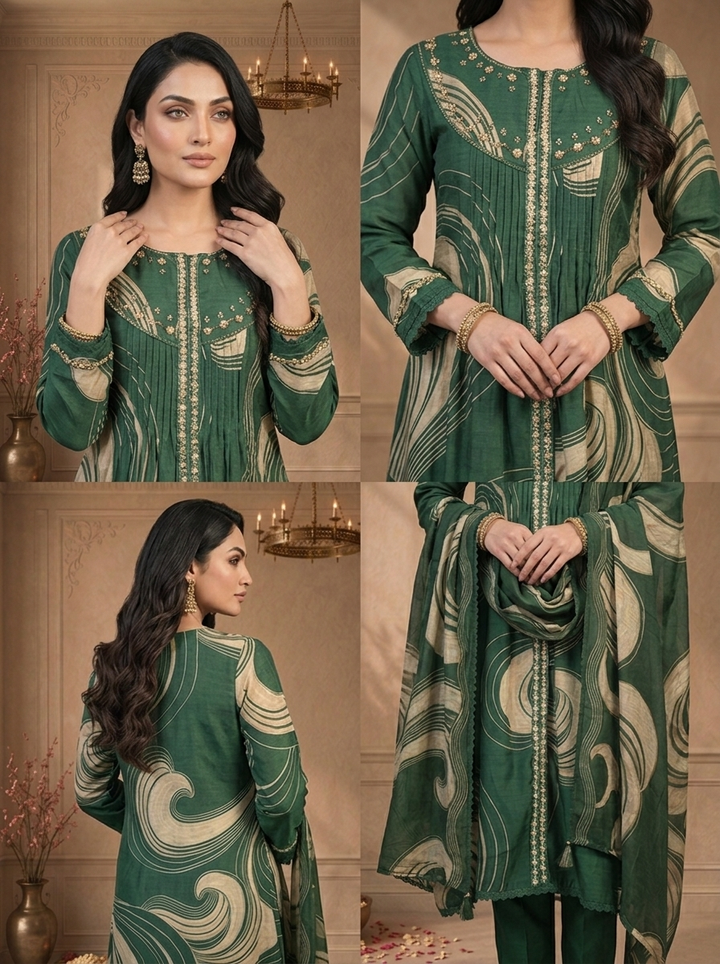 Bottle Green Chanderi Abstract Swirl Printed Three Piece Set