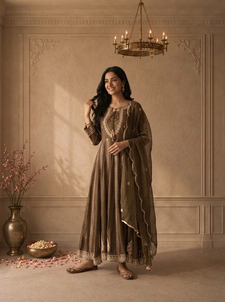 Brown Chinon Floral Zari Embroidered Three Piece Set