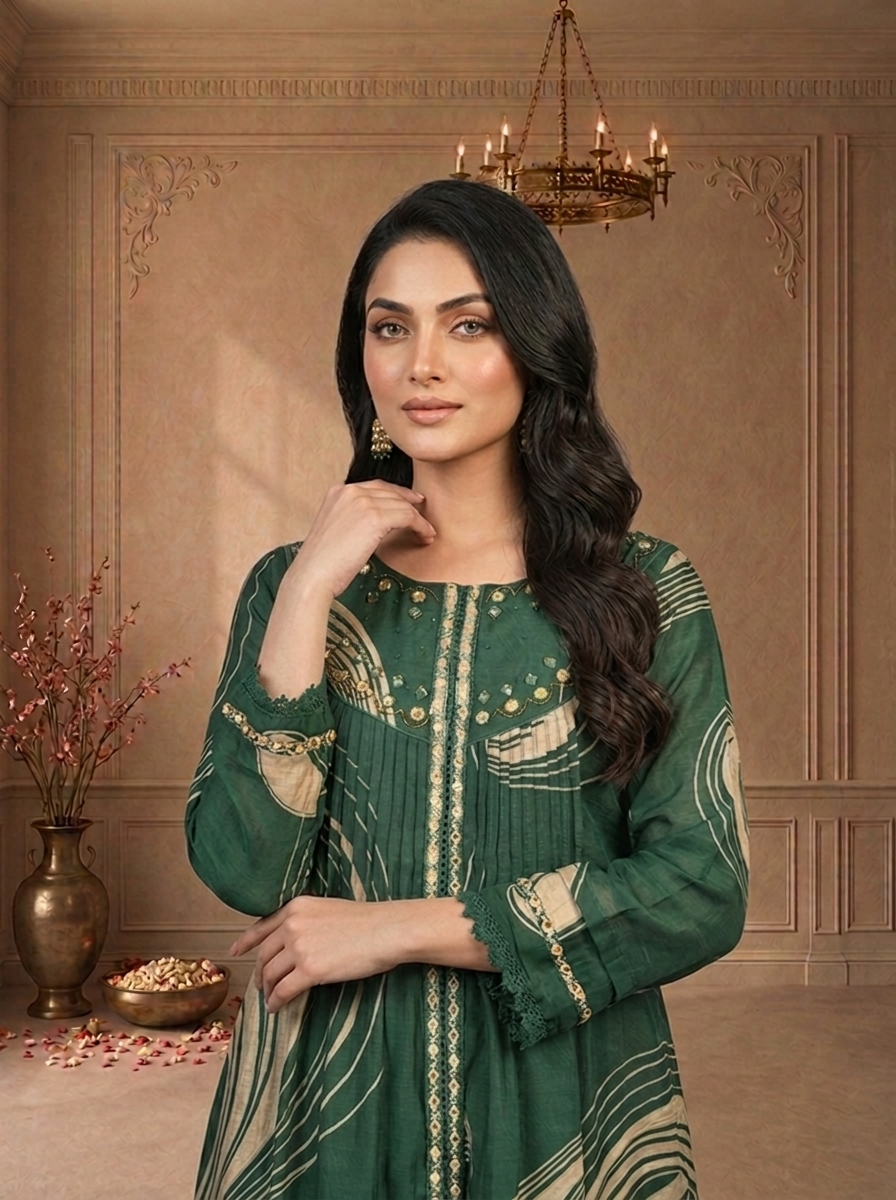 Bottle Green Chanderi Abstract Swirl Printed Three Piece Set