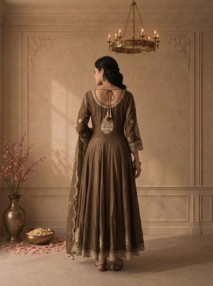 Brown Chinon Floral Zari Embroidered Three Piece Set