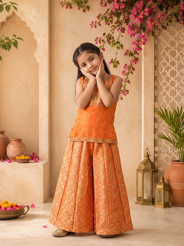 Orange Banaras Floral Motif Embroidered Palazzo Set