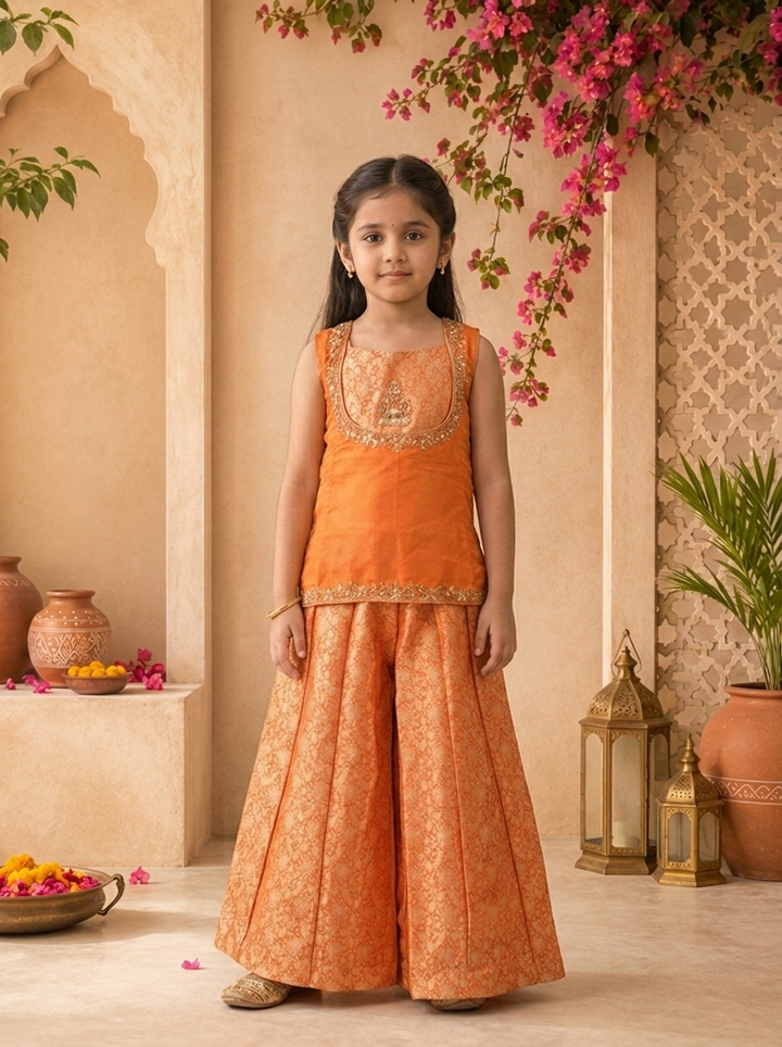 Orange Banaras Floral Motif Embroidered Palazzo Set