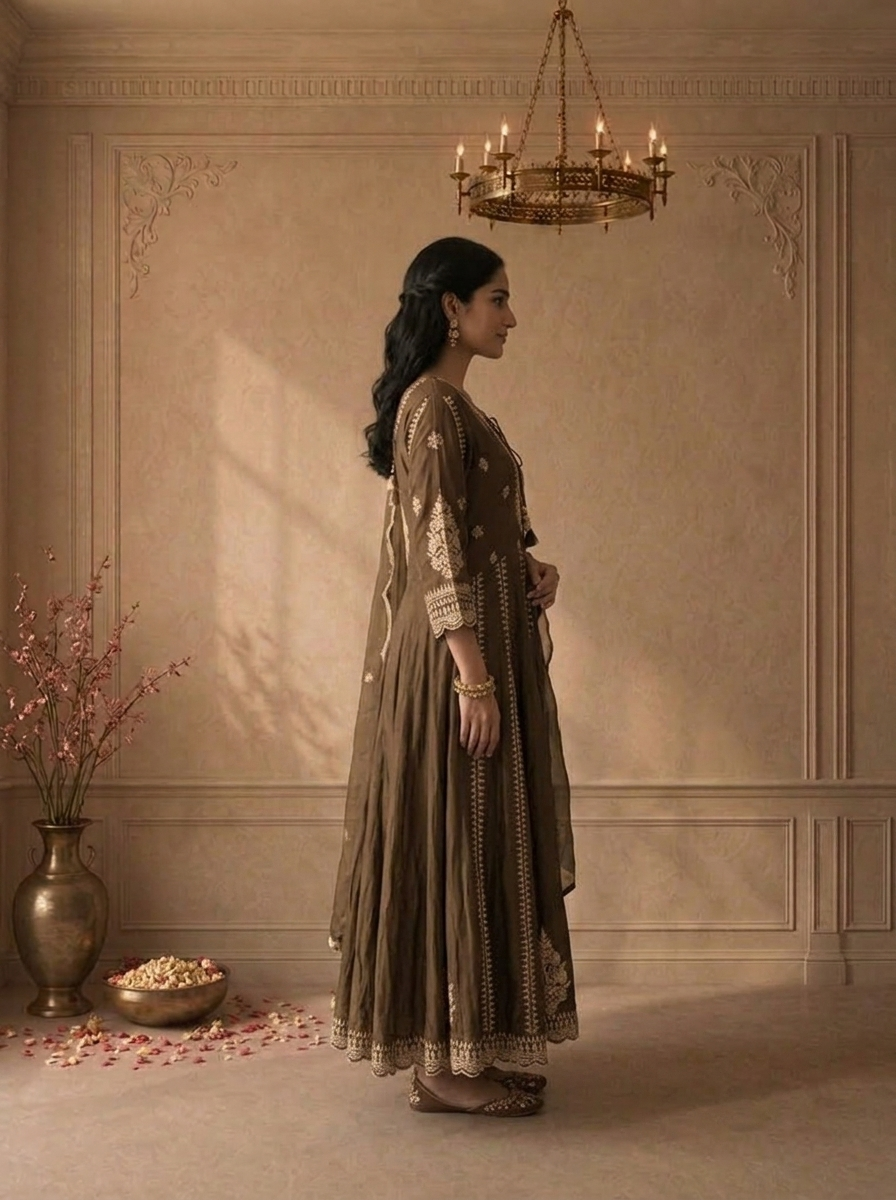 Brown Chinon Floral Zari Embroidered Three Piece Set