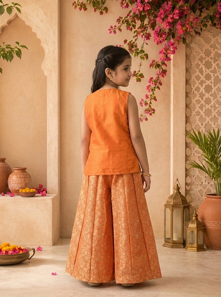 Orange Banaras Floral Motif Embroidered Palazzo Set