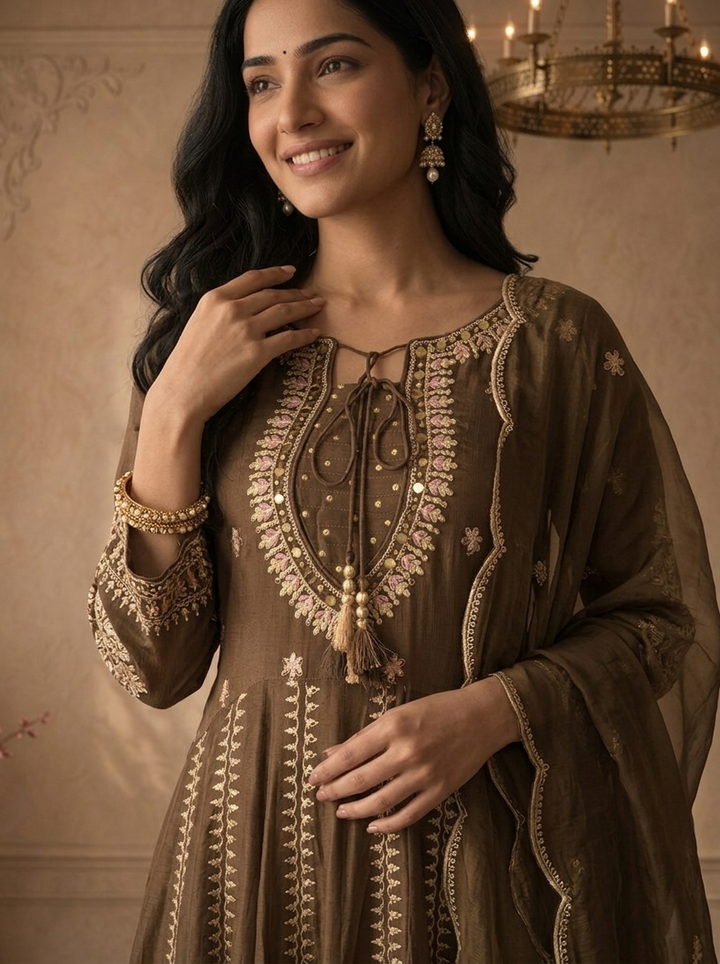 Brown Chinon Floral Zari Embroidered Three Piece Set