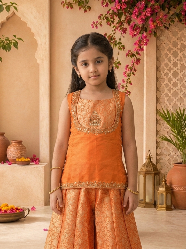 Orange Banaras Floral Motif Embroidered Palazzo Set