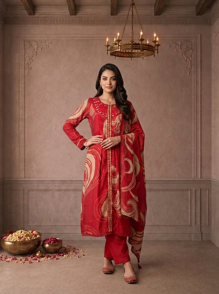 Maroon Chanderi Abstract Swirl Printed Three Piece Set