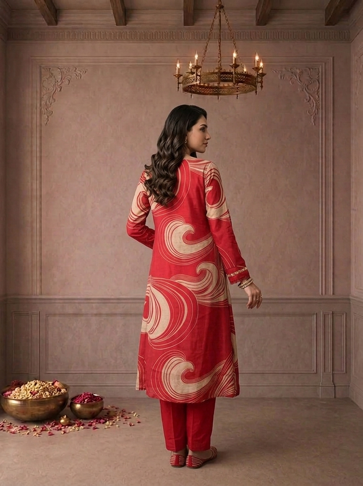 Maroon Chanderi Abstract Swirl Printed Three Piece Set