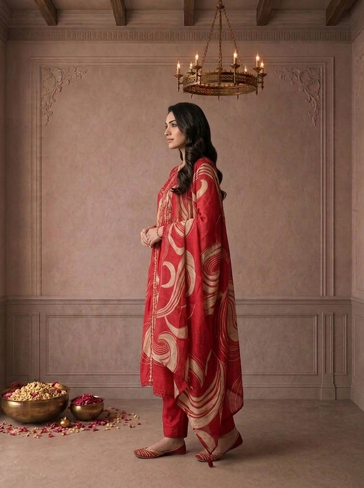 Maroon Chanderi Abstract Swirl Printed Three Piece Set