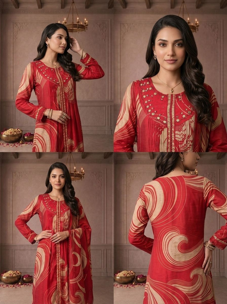 Maroon Chanderi Abstract Swirl Printed Three Piece Set