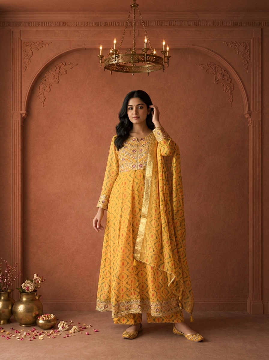 Mustard Yellow Georgette Patola Geometric Printed Three Piece Set
