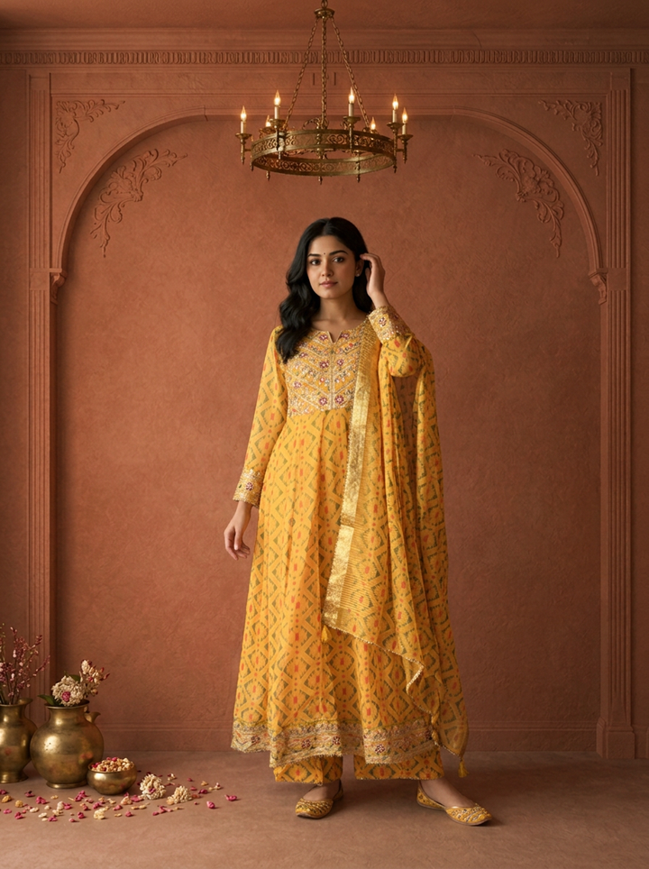 Mustard Yellow Georgette Patola Geometric Printed Three Piece Set