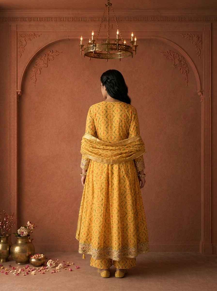 Mustard Yellow Georgette Patola Geometric Printed Three Piece Set