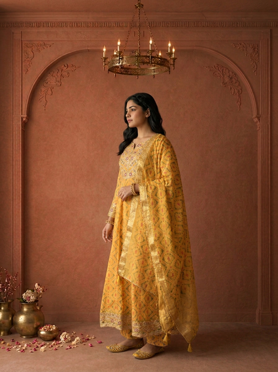 Mustard Yellow Georgette Patola Geometric Printed Three Piece Set