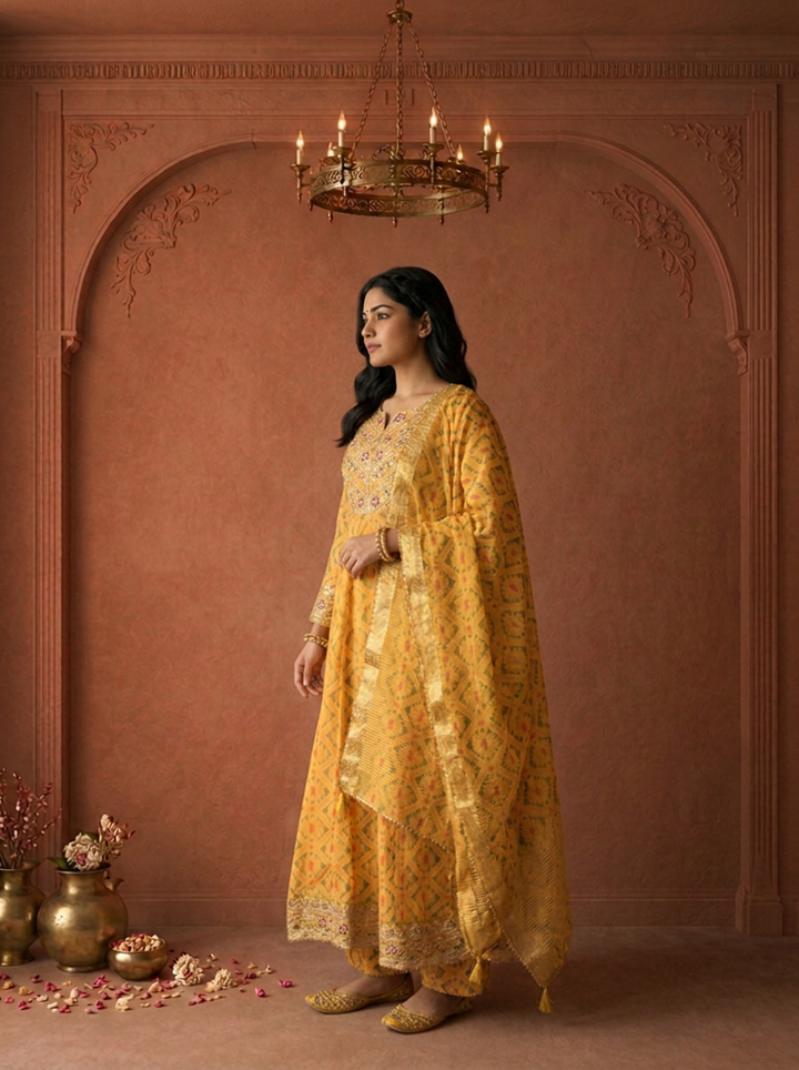 Mustard Yellow Georgette Patola Geometric Printed Three Piece Set