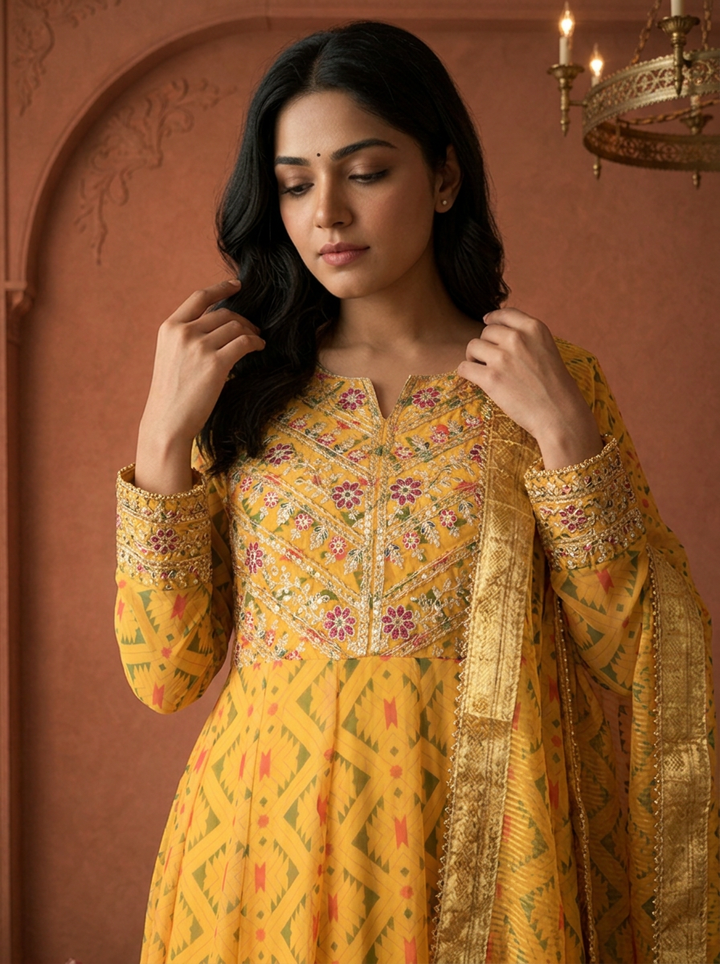 Mustard Yellow Georgette Patola Geometric Printed Three Piece Set