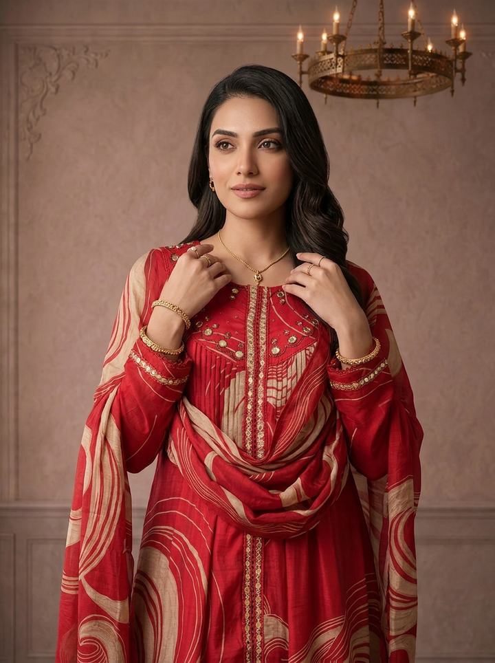 Maroon Chanderi Abstract Swirl Printed Three Piece Set