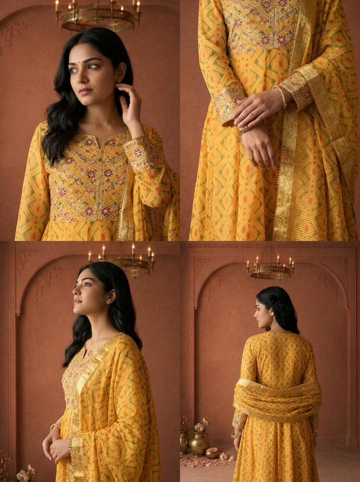 Mustard Yellow Georgette Patola Geometric Printed Three Piece Set