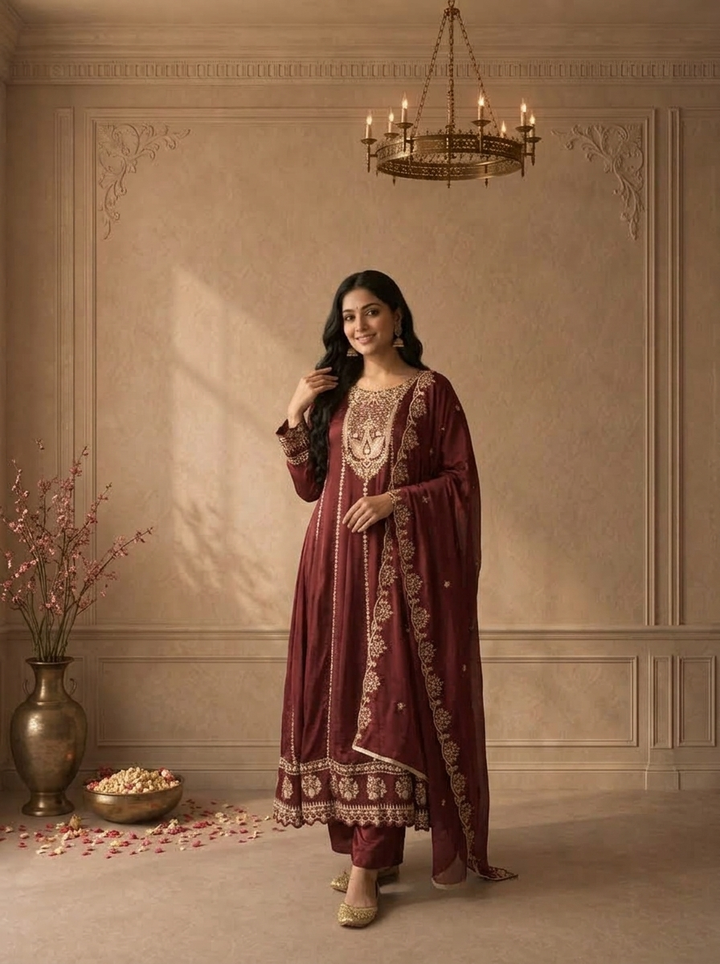 Wine Chinon Zari And Thread Embroidered Three Piece Set
