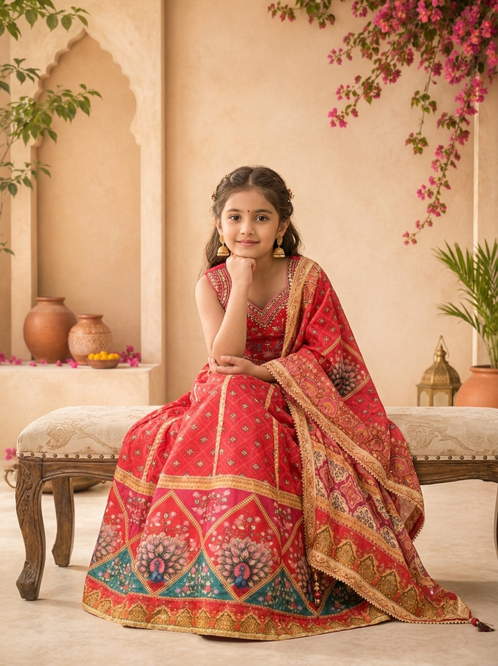Pink Silk Floral Buti Printed Ghagra Set